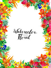 Watercolor Background with tropical plants and flowers