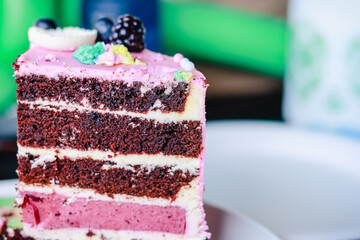 Sliced piece of chocolate cake with pink cream