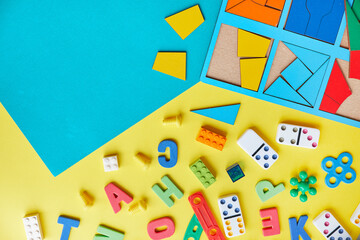 School supplies, stationery space for caption. Back to school concept. School, education and learning concept. creativity for kids. Top view colorful background. Flat lay