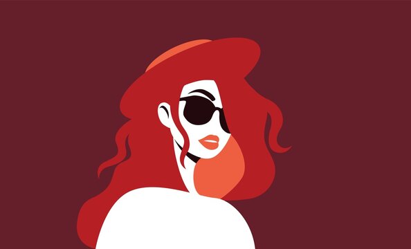 Mysterious Woman In Sunglasses. Stylish Sexy Girl With Red Hair And Hat Looks Forward Thoughtfully Handsome Character With Daring Vector Face Vintage Secret Agent.