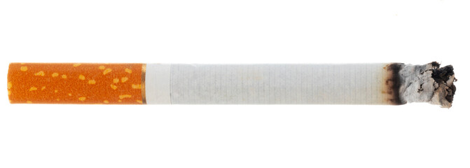 Lit cigarette isolated on white background close up