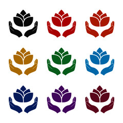 Hands holding lotus icon, color set