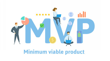 MVP, Minimum Viable Product or Most Valuable Player. Concept with keywords, people and icons. Flat vector illustration. Isolated on white background. - obrazy, fototapety, plakaty
