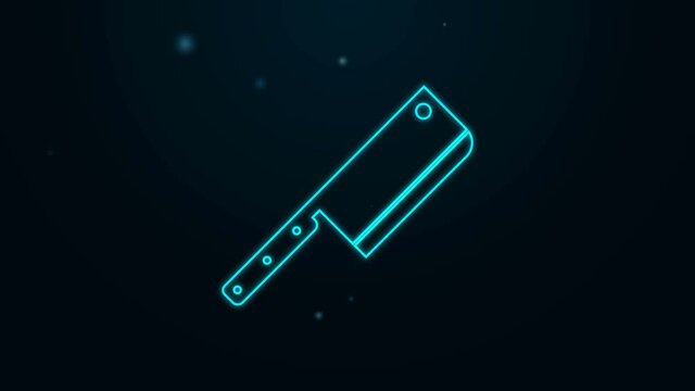 Glowing neon line Meat chopper icon isolated on black background. Kitchen knife for meat. Butcher knife. 4K Video motion graphic animation.