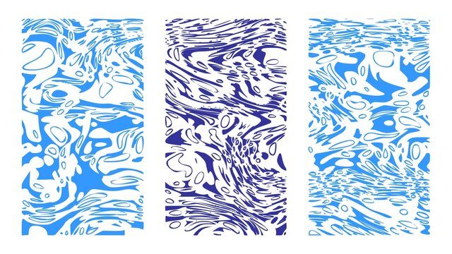 Cartoonish abstract navy background set. Vertical blue rippled water surface, illusion, curvature