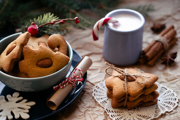 New Year's snack with sweet pastries with almonds and milk