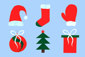 Christmas collection of flat icons. A set of 6 elements for New Year's decoration: a gift, a mitten, a Christmas tree, a ball, a Santa Claus hat, a sock. Watercolor illustrations.