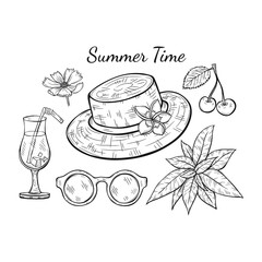 Set of cute hand drawn summer vacation elements including hat, glasses, cocktail and flowers. Vector