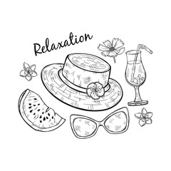 Set of cute hand drawn summer vacation elements including hat, glasses, cocktail and flowers. Vector