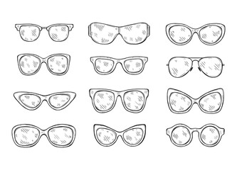 Set of cute hand drawn sunglasses different shapes. Vector sketch style. 