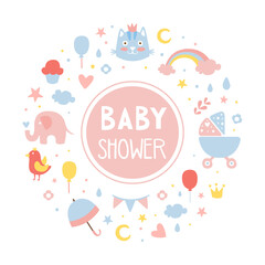 Baby Shower Banner, Invitation, Greeting Card Template with Cute Childish Objects of Round Shape Cartoon Vector Illustration