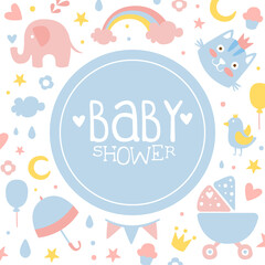 Baby Shower Banner, Light Pink and Blue Invitation Card Template with Cute Childish Seamless Pattern Cartoon Vector Illustration