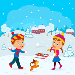 Fototapeta premium kids, boy and girl play snowballs in winter, illustration,vector
