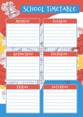 Schedule of classes for the school. Weekly planner template with hand-drawn school objects and symbols on a blue and orange background. Low-key background for school. vector illustration