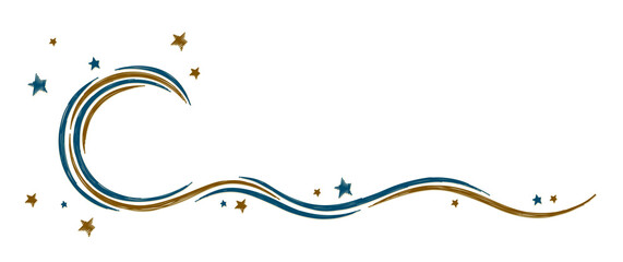 A stylized moon symbol with stars and wave.