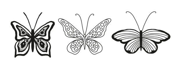 Set with adorable butterflies with luxurious wings. Black and white image of an insect for printing on invitations, cards, posters. Print for fabric and paper. Line art butterfly isolated