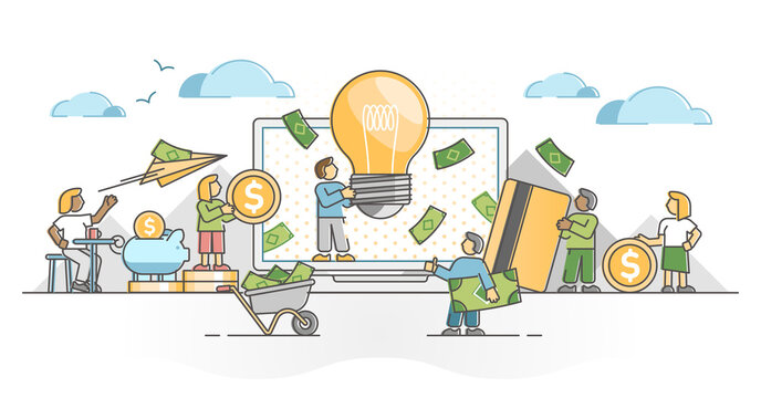 Crowdfunding financial investment for startup innovative idea outline concept. Collective money funding for new business growth support vector illustration. Entrepreneur investment in creative product