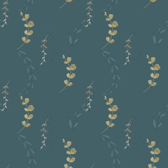 Cozy square seamless pattern autumn twigs on a blue background. Textured digital sketch for pencil. Print for wrapping paper, cover, banner, postcard, fabric, textile, wallpaper.