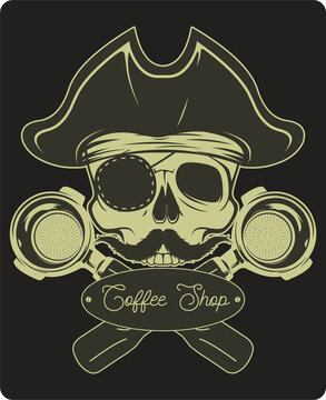 vector illustration of a skull pirate for coffee shop logo