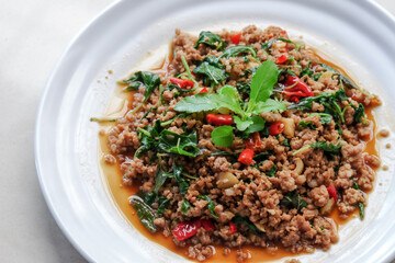 Stir Fried Pork with Basil. Thai traditional menu Phat kaphrao