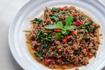 Stir Fried Pork with Basil. Thai traditional menu Phat kaphrao
