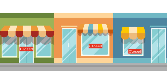 Closed shops illustration. Retail financial crisis due pandemic bankruptcy and failed business project notice red sign on cartoon stores symbol of unsuccessful vector marketing.