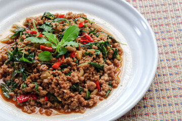 Stir Fried Pork with Basil. Thai traditional menu Phat kaphrao