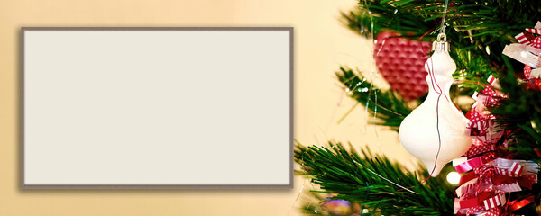 Christmas banner with festive tree branches and blurred background. Festive backgrounds with copy space for text