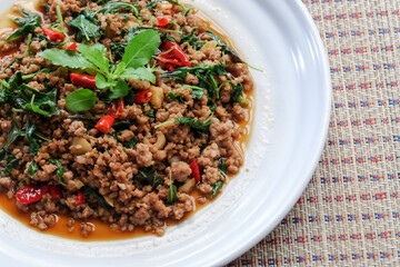 Stir Fried Pork with Basil. Thai traditional menu Phat kaphrao