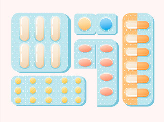 Blisters with pills and capsules illustration. Medicinal pain reliever powerful antibiotics red small yellow sedatives pharmaceutical treatment and restoration damaged vector organs.