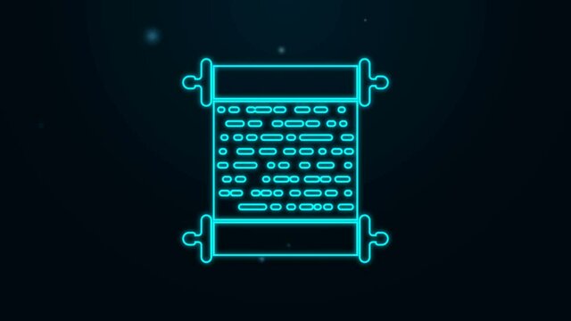 Glowing neon line Paper scroll icon isolated on black background. Canvas scroll sign. 4K Video motion graphic animation.