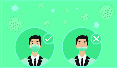 Two men showing how to wearing protective mask correctly.How to wear a face mask correct and wrong.