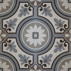 Seamless vintage retro pattern grunge blue beige grey gray concrete cement stone tile wallpaper wall texture, with circle flower leaf square mosaic geometric motif print background