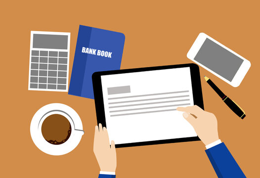 businessman touching screen on taplet with coffee and bank book ,calculator on table,