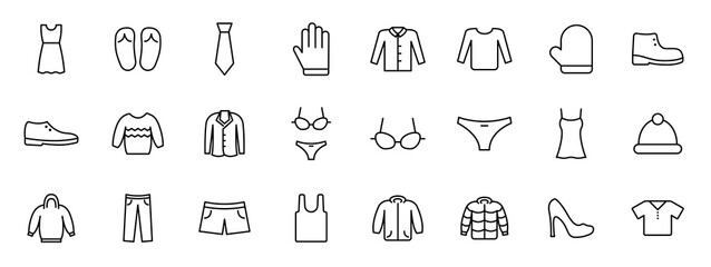 clothes outline vector icons isolated on white. clothes icon set for web and ui design, mobile apps and print products