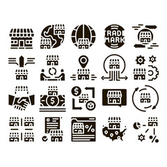 Franchise Business Glyph Set Vector. Franchise And Trade Mark, Wideworld Branches And Dollar, Handshake And Contract Glyph Pictograms Black Illustrations