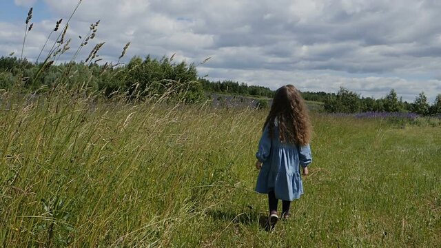 A little girl with long brown hair is walking across the field.