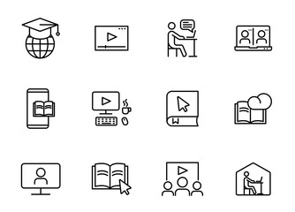 Fototapeta premium e learning line vector icons isolated on white. e learning icons for web and ui design, mobile apps, print and business promo advertising