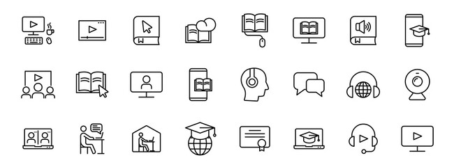e learning outline vector icons isolated on white. e learning icon set for web and ui design, mobile apps and print products - obrazy, fototapety, plakaty