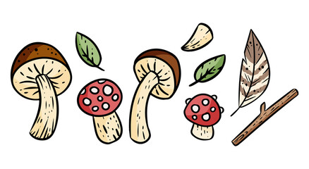 Set of cute cartoon nature elements. Comic style graphic symbols. Mushrooms, leaves and nature gifts. Rpg game illustrations.