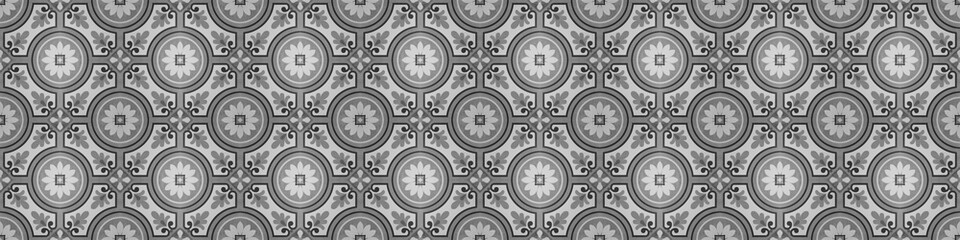 Seamless vintage retro pattern grunge grey gray anthracite concrete cement stone tile wallpaper wall texture, with circle flower leaf square mosaic geometric motif print background banner panorama