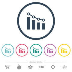 Bar graph with circles and lines flat color icons in round outlines