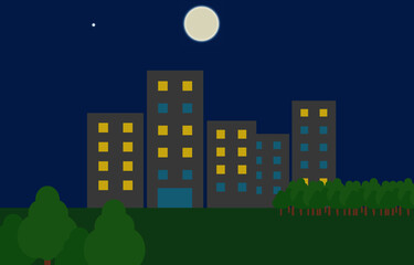Naklejka premium city, skyline, building, town, night, cityscape, illustration, sky, urban, buildings, architecture, silhouette, landscape, street, abstract, cartoon, vector, moon, house, skyscraper, sunset, sun, hous