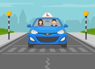 Terrified instructor sitting in a learning car next to a female student driver. Happy woman drives blue right-hand driving vehicle with red L plate on a roof. Flat vector illustration template.