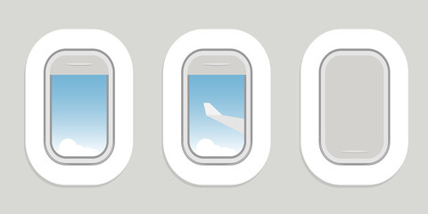 Airplane porthole. Open and closed airplane window. Vector, cartoon illustration.