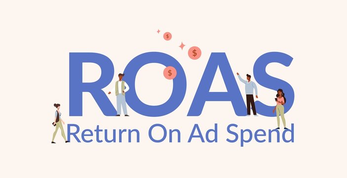 ROAS return on ad spend illustration. Investment profit and income from financial transactions analysis profitable assets and calculation net earnings creation industrial control over vector capital.