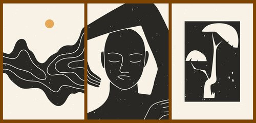 Set of three abstract minimalistic aesthetic backgrounds with woman face, sun, tree, shapes, thin lines. Trendy colorful vector illustration for social networks, web design in vintage boho style. © Nataly