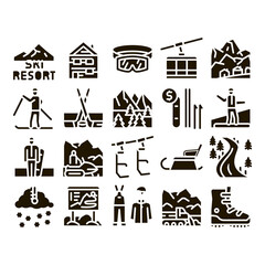 Ski Resort Vacation Glyph Set Vector. Ski Snow Track And Shoe, Protective Glasses And Sled, Chairlift Cableway And Cabin Glyph Pictograms Black Illustrations