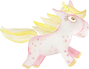 Watercolor illustration of a running unicorn with a yellow horn and mane . White isolated background.