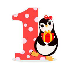 Number one with cute penguin. Vector illustration. Perfect for greeting cards, party invitations, posters, stickers, pin, scrapbooking, icons.